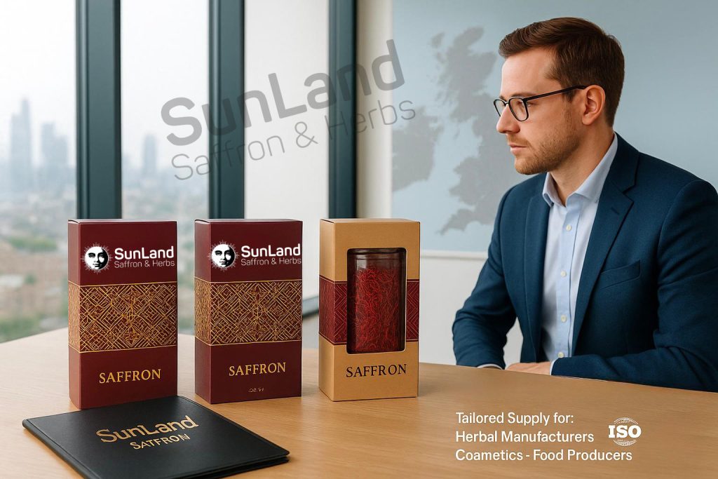 Saffron Price in UK 2025 – Complete Update for Buyers & Businesses 3 Premium saffron packaging by SunLand for UK herbal, cosmetics, and food industries