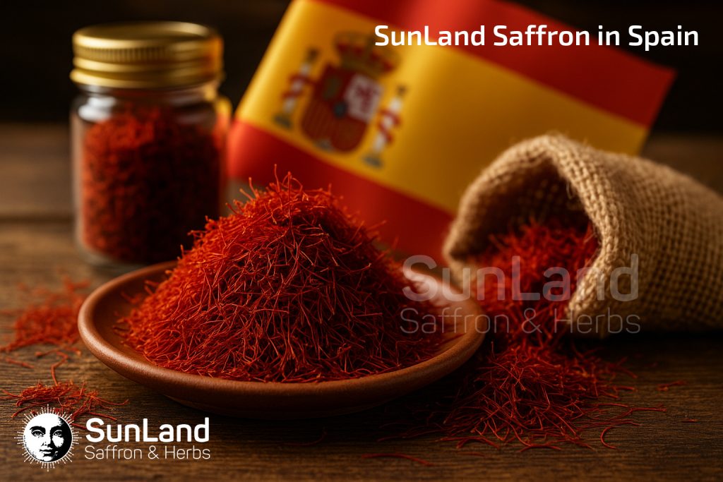 ✅ Saffron Price in Spain (2025): A Complete & Reliable Procurement Guide 7 SunLand saffron displayed with Spanish flag – high-quality saffron threads in glass jar, ceramic plate, and burlap sack, representing export presence in Spain.